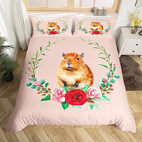 Homewish Nette Capybara Tröster Abdeckung Rot Rosa Rose Bett Set für Mädchen Frauen, Aquarell Blume Bettbezug 135x200 Grün Blätter Bettwäsche Sets, Tier Thema Bettwäsche Abdeckung Heim Decor von Homewish