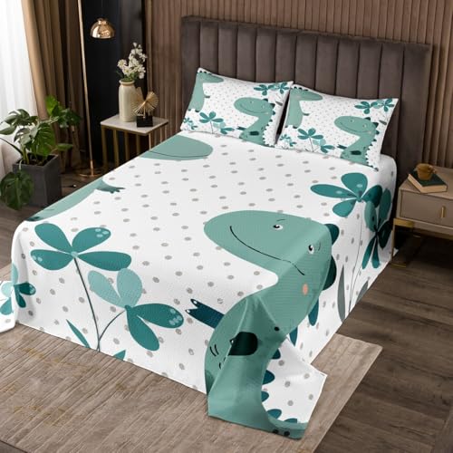 Homewish Niedliche Cartoon Dino Steppdecke 170x210cm Grüne Blumen Tagesdecke für Jungen Mädchen Teenager,Hellgraue Geometrische Tupfen Steppdecken Dinosaurier Tagesdecken Zimmerdekor Einfach Frisch von Homewish