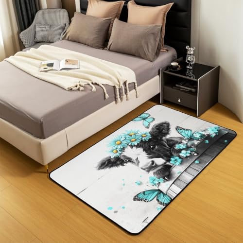 Homewish Niedliche Highland Kuh Teppich Daisy Floral Rustic Butterfly Teppiche Ombre Ölgemälde Holz Board Dekor Longhorn Carpet Bauernhof Bauernhof Land Stier Westliche Tiere Kinderteppich 150x200 Rug von Homewish