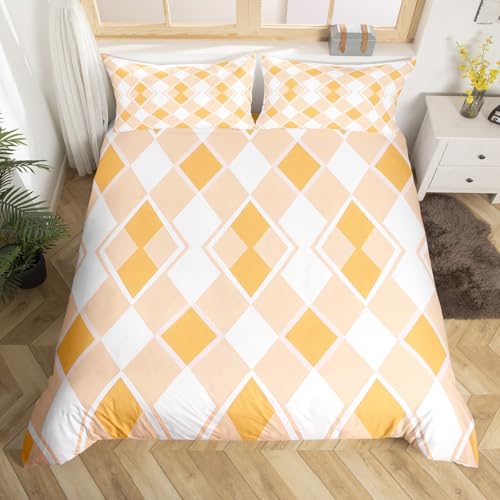 Homewish Oranger Weißer Diamant Bettwäsche Geometrische Diamanten bettbezug Set 135x200cm für Kinder,Buffalo Plaid Bettwäscheset Coquette-Ästhetik bettset Mikrofaser zimmerdekor weich von Homewish