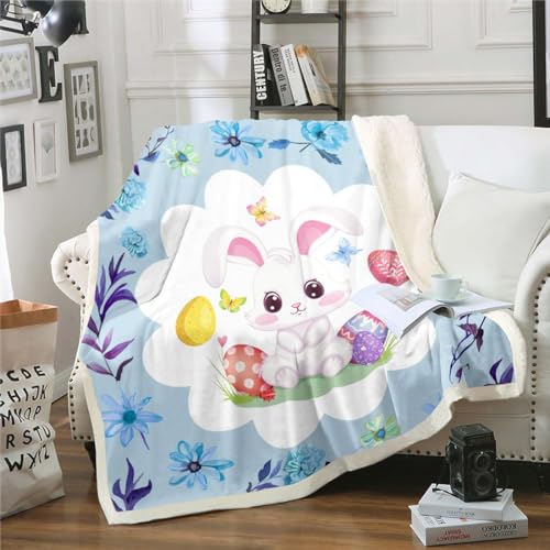 Homewish Oster Fleece Decke Osterhase Fuzzy Decke Bunte Osterdekorationen Wurf Decke,Nette Kaninchen Ostereier 75x100cm Bett Decke Kawaii Tier Sherpa Decke für Baby Jungen,Blau von Homewish