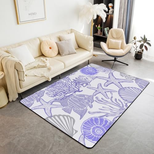 Homewish Ozean Thema Carpet 150x200 Seesterne Muscheln Korallen Fische Teppich für Kinder Jungen Mädchen Teenager,Unterwasserwelt Teppiche Wohnzimmer Blau Lila Ästhetisch Rug Raumdekor von Homewish