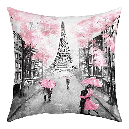 Homewish Paris Kissenbezug 40 x 40 cm Französischer Eiffelturm Kissenbezug für Zuhause Bett Sofa Couch Kissenbezug Mit Retro Paris Thema Aquarell Kirschblüten Dekorativer Kissenbezug Rosa Grau von Homewish