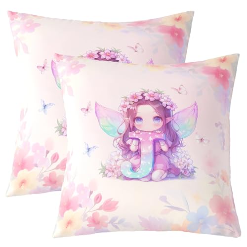 Homewish Personalisierte Initial J Kissenbezüge 60x60cm Floral Fairy Kissenbezug 2Er Set Rosa Fee Prinzessin Kissenhülle,Mädchen Ästhetische Aquarell Floral Schmetterling Weich Bequem Dekokissenbezüge von Homewish