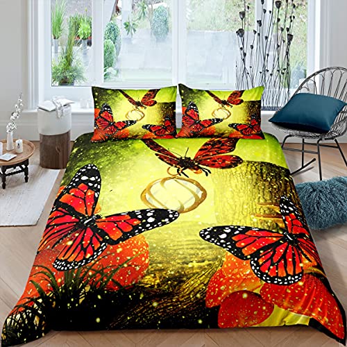 Homewish Pilz Bettbezug 155x220 Roter Schmetterling Pilz Bettwäsche Set Für Mädchen Kinder Teens Schmetterlinge Pflanze Bettbezug Gold Glitter Dschungel Natur Bettbezug Mit 1 Kissenbezug von Homewish