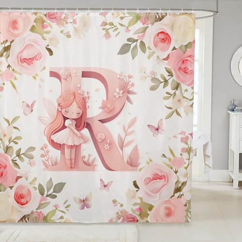 Homewish Prinzessin Anfangsbuchstabe R Badvorhang Träumiger Feengarten Duschvorhang 180x200,Niedliche Rosa Blumen Badezimmer Accessoires Romantische Schmetterlinge Rosen Wasserdichtes Duschdekor von Homewish