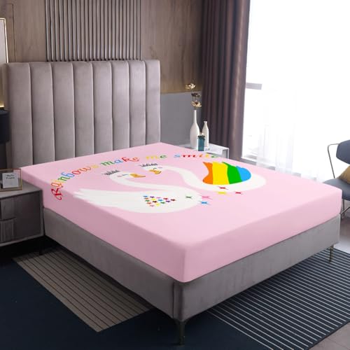 Homewish Rainbow Swan Spannbettlaken 160x200cm Niedlich Marine Sea Animal Spannbetttuch für Kinder Jungen Mädchen Teens,See Dekor Ocean Bettlaken Cartoon Wildlife Coastal Laken Raumdekor Mikrofaser von Homewish