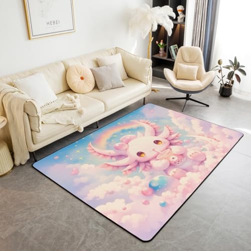 Homewish Regenbogen Axolotl Teppich Süße Salamander Teppiche Wohnzimmer für Jungen Mädchen Kinder Teenager Erwachsene,Perlmilchtee Kinderteppich 100x150 Sternenhimmel Flächenteppich für Schlafzimmer von Homewish