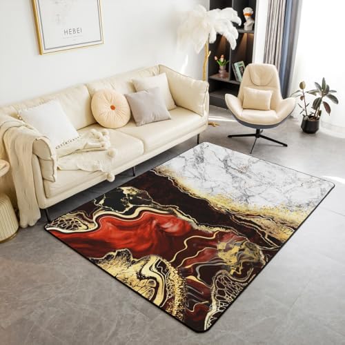 Homewish Retro Roter Marmor Teppiche Wohnzimmer 150x200 Abstraktes Gold Schwarz Rot Flächenteppich für Kinder Jungen Mädchen Jugendliche,Mode Marmorierung Textur Teppich Bronze Pailletten Carpet von Homewish