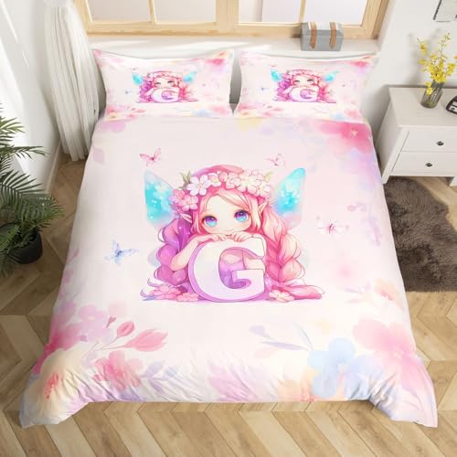 Homewish Rosa Fairy bettbezug für Kinder Teenager,Initial G Princess Bettwäsche 155x220cm für Mädchen Kokette Aquarell Schmetterling Floral bettset Mikrofaser 1 Kissenbezug Floral Fairy Bettwäscheset von Homewish