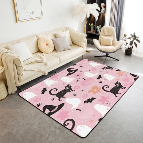 Homewish Rosa Halloween Teppich 150x200 Ghost Spooky Kinderteppich für Kinder Jungen Mädchen Teenager,für Jungen Kürbis Katze Teppiche Wohnzimmer Niedliche Blumen Cartoon Stil Rug Raumdekor Weich von Homewish