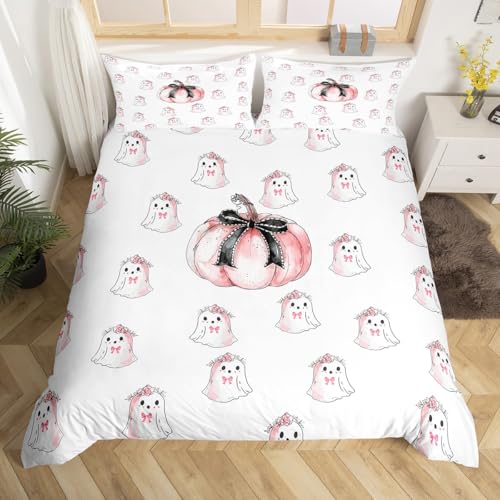 Homewish Rosa Kürbis bettbezug für Kinder Teenager,Mädchen Halloween Dekor Bettwäsche 155x220cm Halloween Ghost Dekor Bettwäscheset Süße Geister Mit Rosa Bogen bettset Mikrofaser Wohndekor 2 teilig von Homewish