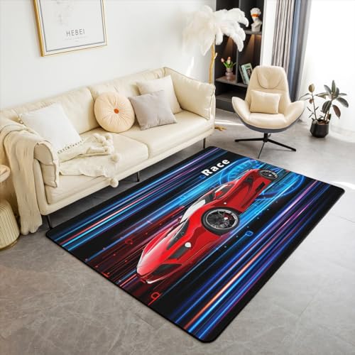 Homewish Rot Rennwagen 100Bx150L Extreme Sports Area Teppich, Speed Sport Auto Spiel Teppich Neon Gradient Glühende Linie rutschfeste Teppich Kinder Jungen Zimmer Dcorative von Homewish