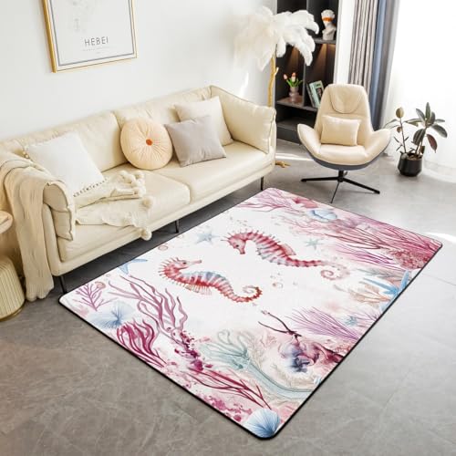 Homewish Rote Küste Teppich Ozean-Thema Teppiche Wohnzimmer 150x200 für Kinder Jungen Mädchen Teenager,Seepferd Seestern Seashell Carpets Strand Meerestiere Rug Stilvoll Pflegeleicht Zimmerdekor von Homewish