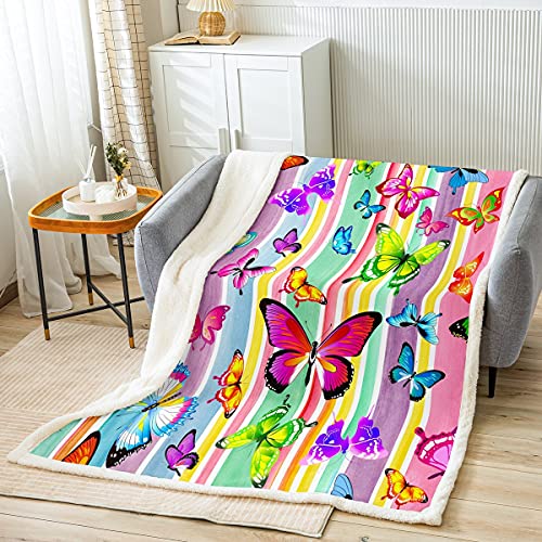 Homewish Schmetterling Decke Für Mädchen 150x200 Bunte Schmetterling Plüschdecke Für Kinder Kind Regenbogenstreifen Sherpa Decke Schillernde Print Fleecedecke Für Bett Sofa Couch von Homewish