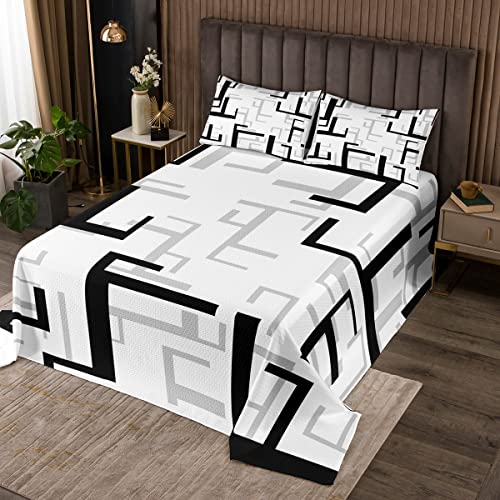 Homewish Schwarz Weiss Stripes Art Coverlet Set Lattice Square Checker Quilted Abstract Geometry Grid Dayspread 240x260 cm for Kids Child Modern Simple Style Quilt Set Buffalo Plaid Decor von Homewish