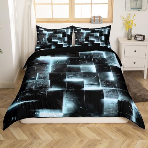 Homewish Schwarz und Grau Weiß Bettbezug Moderne Abstrakte 135x200 Bettwäsche Set 3D Glühende Plaid Komfortbezug Gradient Gitter Bett Set Neon Quadrat Bettwäsche (Schwarz Reversible) von Homewish