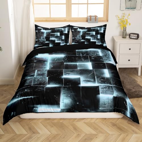 Homewish Schwarz und Grau Weiß Bettbezug Moderne Abstrakte 200x200 Bettwäsche Set 3D Glühende Plaid Komfortbezug Gradient Gitter Bett Set Neon Quadrat Bettwäsche (Schwarz Reversible) von Homewish