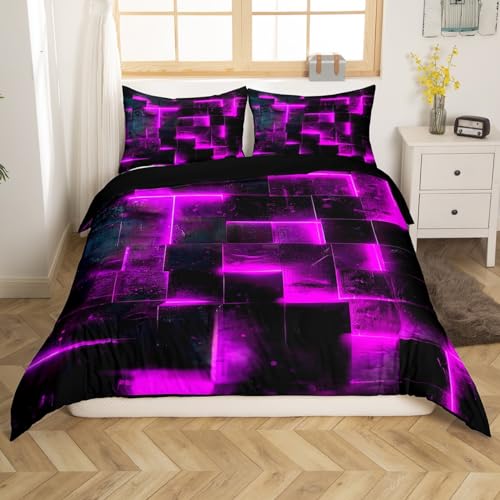 Homewish Schwarz und Lila Bettbezug Modern Abstract 135x200 Bettwäsche Set,3D Glühende Plaid Tröster Abdeckung Gradient Gitter Bett Set,Neon Quadratische Bettwäsche (Schwarz Reversibel) von Homewish