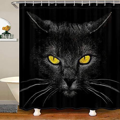 Homewish Schwarze Katze Stoff Dusche Vorhänge Gelbe Augen Dusche Vorhang Tiere Bad Vorhang Katze Kopf Glitch Effekt Badewannen Vorhang Sets 180x180(W/L) Badezimmer Dekor Wasserdichtes Tuch von Homewish