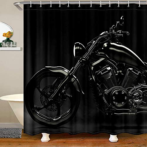 Homewish Schwarzer cooler Motorrad-Duschvorhang für Zuhause, Badezimmer, dunkler Hintergrund, Badezimmerdekoration, Haken, wasserdicht, 183 x 213 cm (B x L) von Homewish