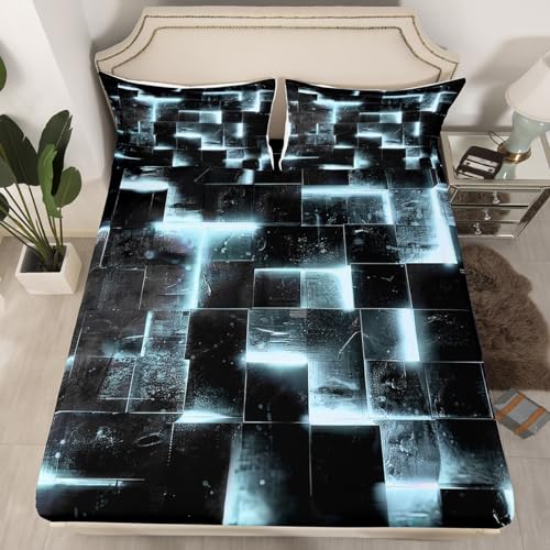 Homewish Schwarzes und Graues Weißes Spannbettlaken Moderne Abstrakte Blätter 90x200x30 3D Glühende Plaid Bettwäsche Gradient Grid Bettbezug Neon Square Bed Set (Tiefe Tasche) von Homewish