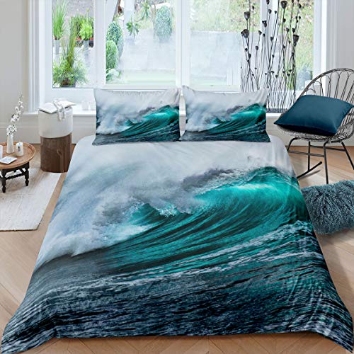Homewish Sea Wave Bettwäsche-Set 200x200, nautische Bettdecke, Surfen Bettbezug, Ozean-Natur-Küsten-Thema-Bettbezug, grüne Bettwäsche-Set für Schlafzimmerdekor mit Reißverschluss Zip von Homewish