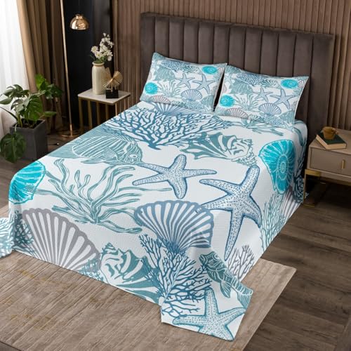 Homewish Seesterne Muscheln Korallen Fische Steppdecke 220x240cm Ozean Thema Tagesdecke Blaugrün Ästhetisch Steppdecken für Jungen Kinder Mädchen Jugendliche,Unterwasserwelt Tagesdecken Raumdekor von Homewish