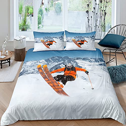 Homewish Ski Bettbezug Set, Extremsport Thema Bettwäsche Set 135x200 Für Kinder Jugendliche Erwachsene, Wintersport Skibettdecke Schnee Berg Landschaft Steppdecke Bettwäsche Dekor, Weiß von Homewish