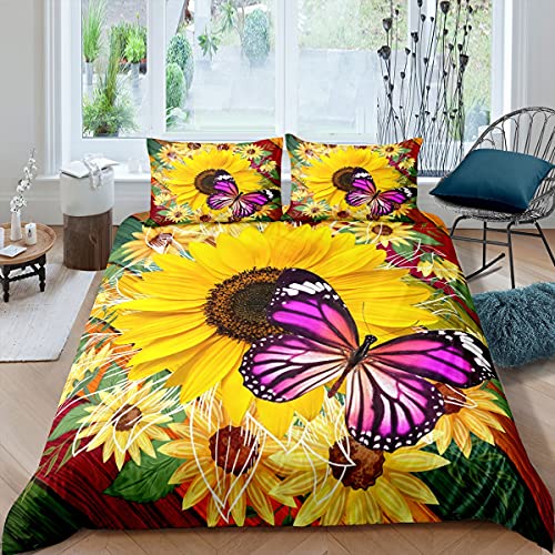 Homewish Sonnenblume Bettbezug 135x200 Lila Schmetterling Bettwäsche Set Für Kinder Mädchen Frauen Zimmer Dekor Gelb Rustikal Sonnenblumen Bettbezug Pastorale Landschaft Tagesdecke Bunt 2 Stücke von Homewish