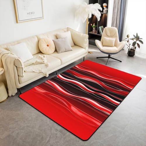 Homewish Streifen Teppich Ästhetik Moderne Abstrakt Teppiche Wohnzimmer für Jungen Mädchen Rote Wellen Carpet Schwarze Einfache Minimalistische Kunst Flächenteppich 100x150 Schlafzimmer Rug von Homewish