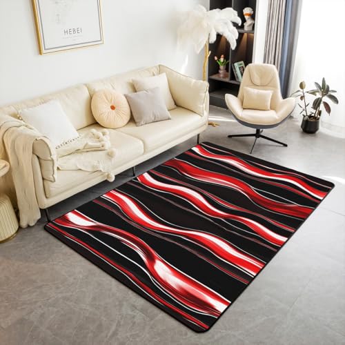 Homewish Streifen Teppich Moderne Abstrakt Kinderteppich für Jungen Mädchen Schwarze Rote Wellen Rug Schwarze Einfache Minimalistische Kunst Teppiche Wohnzimmer 100x150 Stilvoll rutschfest Carpet von Homewish
