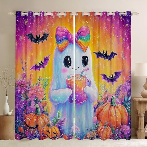 Homewish Süß Ghost Blackout Vorhänge Halloween Fledermäuse Fenstervorhang 183x117(HxB) Süß Bowknot Regenbogenbogen Gardinen,Aquarell Graffiti Blumen Kürbis Laterne 2 Panels Fensterbekleidung von Homewish