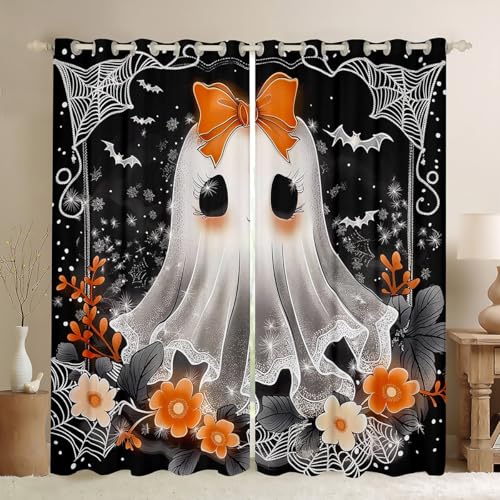 Homewish Süß Ghost Gardinen 260x140(HxB) Orange Krawatte Blumen Fenstervorhang Halloween Fledermäuse Vorhänge,Spinnenwebe Halloween Dekorationen 2 paneele Fensterbekleidung Teenager zimmerdekor von Homewish