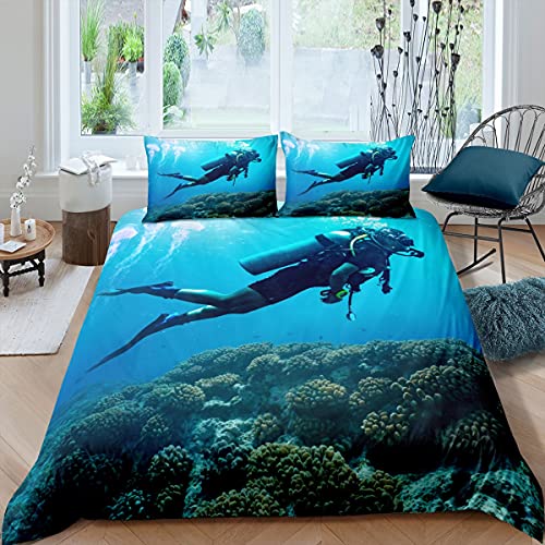 Homewish Tauchbettwäscheset Quallen Bettbezug Set Unterwasserwelt Trösterbezug für Kinder Jungen Mädchen Taucher Tauchen Sport Marine Life Bettbezug Mit 1 Kissenbezug 135x200 Marineblau von Homewish