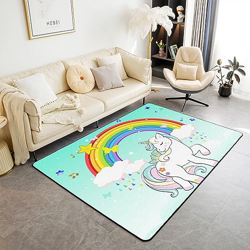 Homewish Teppich Cartoon Einhorn Wohnzimmer Teppich Regenbogen Carpets Stern Wolke Schmetterling Kinderteppich Ombre Dunkelblau Sternenhimmel Flächenteppich Schlafzimmer Stilvoll Pflegeleicht von Homewish