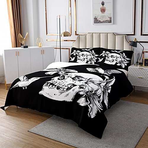 Homewish Totenkopf für Teens Room Decor,Botanische Blatt Tagesdecke 220x240,Halloween Skelett Knochen Bettdecke Set Gothic Spooky Tagesdecke Quilt Set,Dekorativ 3 Stücke mit 2 Kissenbezüge,Grau Weiß von Homewish