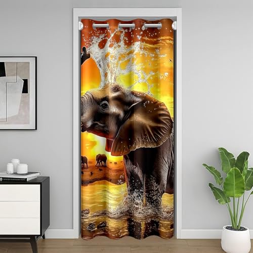 Homewish Türvorhang 3D Elefant Verdunkelungsvorhang 132x203cm Orange Afrikanischer Elefant Tür Drapieren Ethnischer Wildtierdruck Zimmerteiler Vorhang Exotischer Stil Natur Thema von Homewish