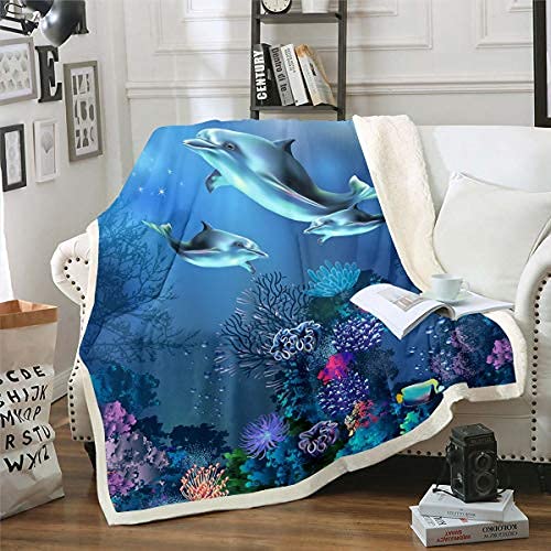 Homewish Unterwasser Oasis Decke Überwurf,Delphin Unter Dem Meer Korallen Fisch Anemone Deep Ocean Fantasy Bubble Fleece Decke,Dekorative Sofa Sherpa Decke Ultra Soft,130x150,Blau Lila von Homewish