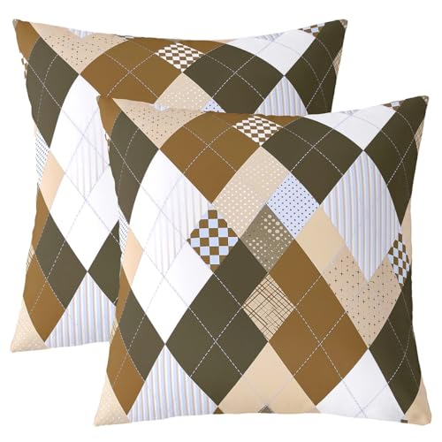 Homewish Vintage Braun Beige Kissenbezüge 45x45cm 2Er Set Moderne Streifen Geometrie Diamant Kissenhüllen,Geometrische Patchwork Kissenbezug Buffalo Plaid Schachbrett Schachbrett Dekokissenbezüge von Homewish