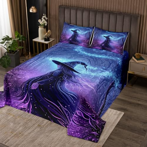 Homewish Vintage Halloween Steppdecke Gotische Hexendekoration Tagesdecke 220x240cm Retro Hexen Rustikales Dunkles Wald Steppdecken,Magischer Wald Tagesdecken 2 Kissenbezüge Moderne raumdekor von Homewish