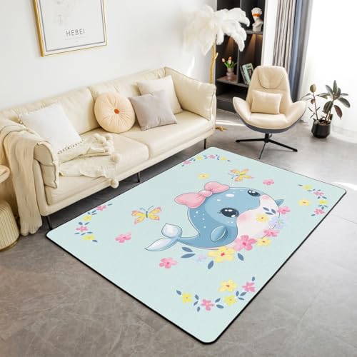 Homewish Wal Teppich Bowknot Teppiche Wohnzimmer 150x200 für Kinder Jungen Mädchen Jugendliche,Meerestier Blumenbogen Prinzessin Kawaii Kinderteppich Grün Blau Rosa Rug Wohndekor von Homewish