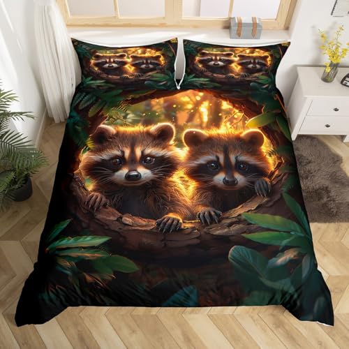 Homewish Waschbär Bettbezug 155x220 Nette Tier Waschbär Bettwäsche Sets,Schöne Karikatur Waschbär Druck Tröster Bezug Natur Rustikales Bauernhaus Thema Bettbezug Kawaii Wild Tier Bettwäsche von Homewish