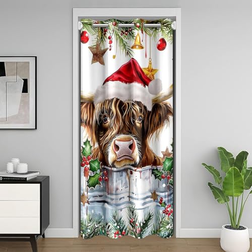 Homewish Weihnachts Highland Kuh Türvorhang 86x203cm Santa Hat Longhorn Bull Vorhang für Kinder Erwachsene Jungen Mädchen,Weihnachtstier Thema Vorhänge Beere Pine Tree Blätter Dekor Türvorhänge von Homewish