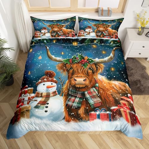 Homewish Weihnachts Highland Rind Bettwäsche 135x200cm Süß Highland Kuh bettbezug Set für Jugendliche,Weihnachtsschneemann Geschenk Bettwäscheset Western Farm Tier Kinder bettset Mikrofaser 2 teilig von Homewish