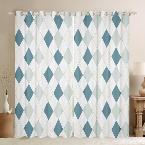 Homewish Weißblau Vorhänge Geometrischer Diamant Fenstervorhang 183x117(HxB) für Jugendliche,Buffalo Plaid Gardinen Vintage Hellblau Quadratgitter Verdunkelungsvorhänge Kinder zimmerdekor 2 paneele von Homewish