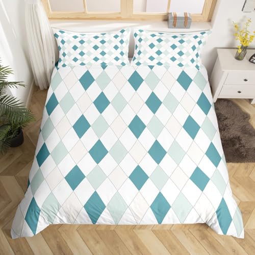 Homewish Weißblau bettbezug für Kinder Teenager,Geometrischer Diamant Bettwäsche 155x220cm Buffalo Plaid Bettwäscheset Vintage Hellblau Quadratgitter bettset Mikrofaser Wohndekor 2 teilig von Homewish