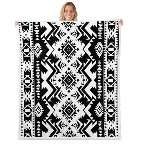 Homewish Western Aztec Fleecedecke 229x229cm Tribal American Native Kuscheldecke für Kinder Mädchen Jungen,Boho Aztec Südwesten Geometrische Decke Schwarz Weiß Bett Couch Dekor Decken von Homewish