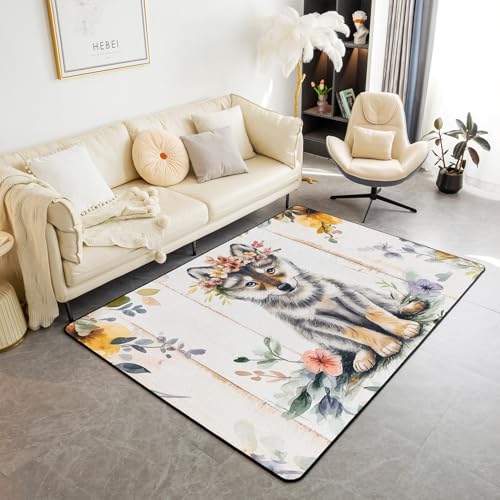 Homewish Wölfin Teppich 100x150 Aquarell,Niedlich Graue Tiere Teppiche Wohnzimmer für Kinder Mädchen Jungen,Botanische Blume Pflanze Holzbrett Tier Flächenteppich 3D Digitaldruck Schlafzimmer Carpet von Homewish