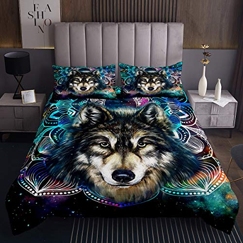 Homewish Wolf Tagesdecke Böhmische Bettwäsche Set Lotus Mandala Bettdecke Set Für Mädchen Erwachsene Wolf Kopf Safari Tiere Ethnische Blumen Krawatte Färben Dye Bettdecke 3 Stücke 220x240 Teal von Homewish